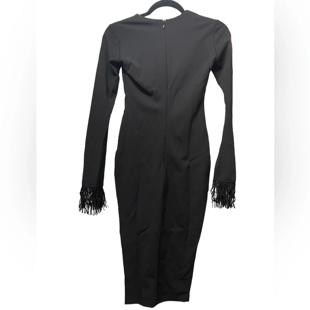 NOOKIE Iris Long Sleeve Black Midi Dress Size XS NWT Fringe Bell Sleeve